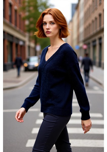 Modern Kadın Oversize V Yaka Triko Düz Düşük Kol Günlük Basic Kışlık Alpaka Karışımlı Kazak modelleri