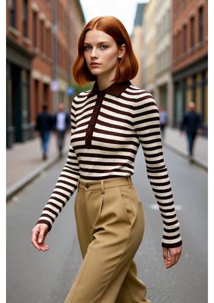 Kadın Çizgili Polo Yaka Fitted Triko Kazak Akrilik Dokusuyla Casual ve Günlük Şıklık Sunar modelleri