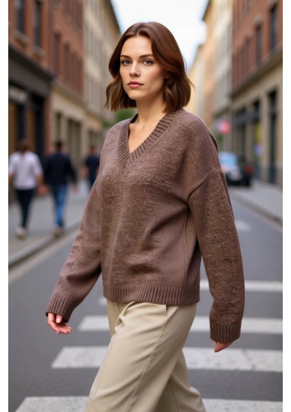 Kadın V Yaka Triko Kazak Geniş Kalıbı ve Yumuşak Dokusuyla Soğuk Havalarda Konforlu Bir Deneyim fırsatları