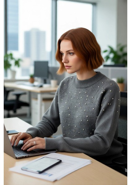 Kadın Antrasit Bisiklet Yaka Reglan Kollu Günlük Şık Taş Detaylı Kalın Triko Kazak Modeli Kaliteli