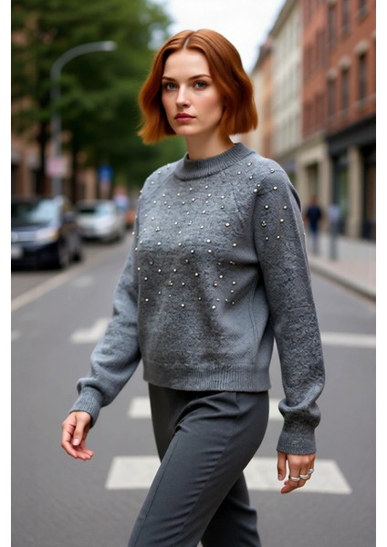 Kadın Antrasit Bisiklet Yaka Reglan Kollu Günlük Şık Taş Detaylı Kalın Triko Kazak Modeli Kaliteli fırsatları