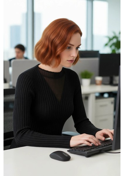 Kadın Zarif Siyah Ribanalı Fitted Kazak Transparan V Yaka Detaylı Günlük Şık Uzun Kollu Kaliteli