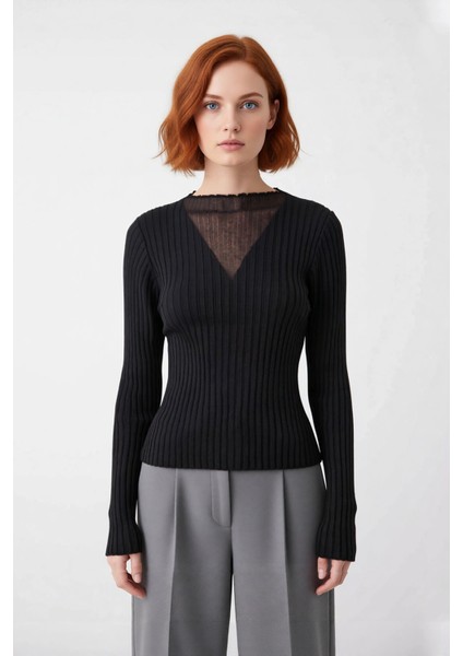 Kadın Zarif Siyah Ribanalı Fitted Kazak Transparan V Yaka Detaylı Günlük Şık Uzun Kollu Kaliteli fiyatları