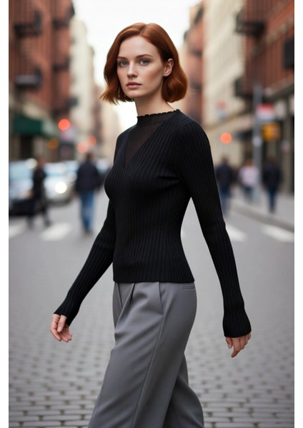 Kadın Zarif Siyah Ribanalı Fitted Kazak Transparan V Yaka Detaylı Günlük Şık Uzun Kollu Kaliteli fırsatları