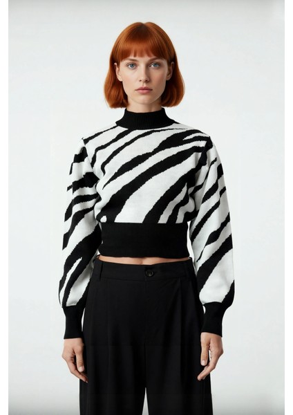 Kadınlara Özel Pembe Zebra Desenli Dik Yaka Uzun Kollu Crop Triko Kazak Kış Şıklığı Için Kaliteli