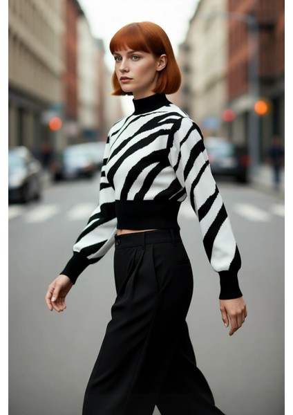 Kadınlara Özel Pembe Zebra Desenli Dik Yaka Uzun Kollu Crop Triko Kazak Kış Şıklığı Için Kaliteli modelleri