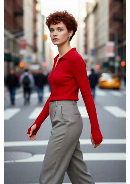Kadınlara Özel Basic Regular Kesim Polo Yaka Fitilli Triko Kazak Modern ve Konforlu Stil Kaliteli modelleri