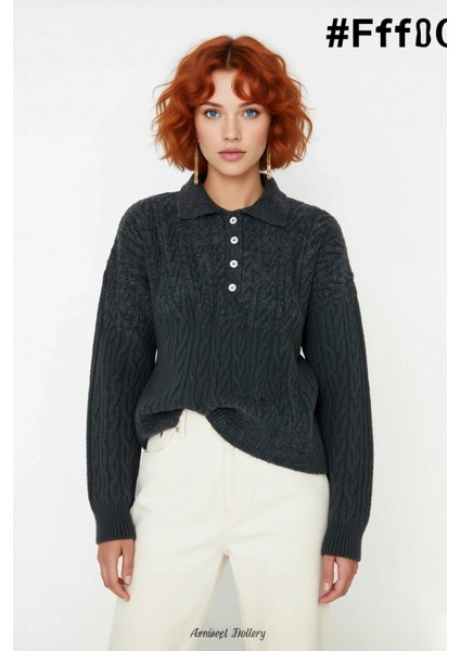 Kadın Oversize Triko Polo Yaka Saç Örgü Düşük Kollu Rahat Kışlık Basic Stil Kazak Kaliteli