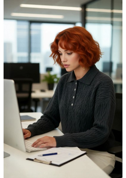 Kadın Oversize Triko Polo Yaka Saç Örgü Düşük Kollu Rahat Kışlık Basic Stil Kazak Kaliteli fırsatları