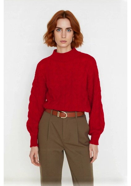 Kadın Oversize Balon Kol Dik Yaka Saç Örgü Crop Akrilik Triko Kazak Kış Modasına Uyumlu Kaliteli