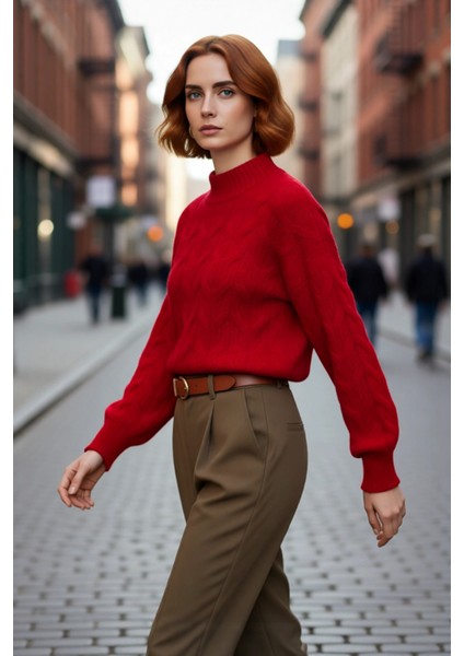 Kadın Oversize Balon Kol Dik Yaka Saç Örgü Crop Akrilik Triko Kazak Kış Modasına Uyumlu Kaliteli modelleri