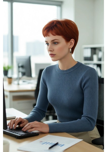 Kadın Fitted Uzun Kol Bisiklet Yaka Triko Kazak Fitilli Düz Desen Akrilik Günlük Şıklık Kaliteli fırsatları