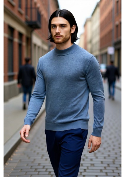 Modern Erkek Triko Kazak Fitted Kesim Dik Yaka Uzun Kollu Rahat Pamuklu Karışım Basic Stil Kış ve modelleri