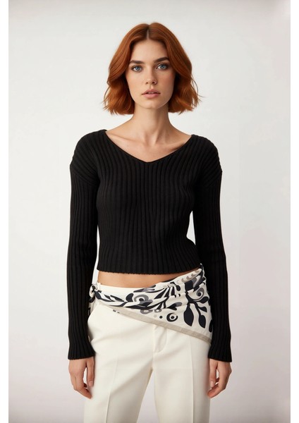 Kadın Fitilli Triko Kazak Regular Kalıp V Yaka Uzun Kollu Crop Boy Akrilik Günlük Stile Uygun fiyatları