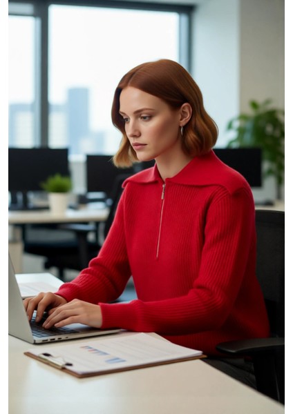 Kadın Orta Kalınlık Akrilik Karışımlı Selanik Dokuma Polo Yaka Triko Kazak Günlük Kullanım