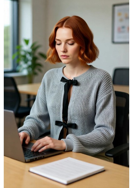 Kadın Triko Çift Taraflı Kurdeleli Crop Kesim Regular Kalıp Düşük Kol Selanik Örgü Akrilik Kazak