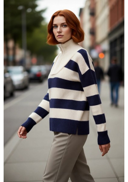 Kadın Oversize Dik Yaka Fermuarlı Çizgili Kalın Triko Kazak Kış Günleri Için Konforlu Stil modelleri