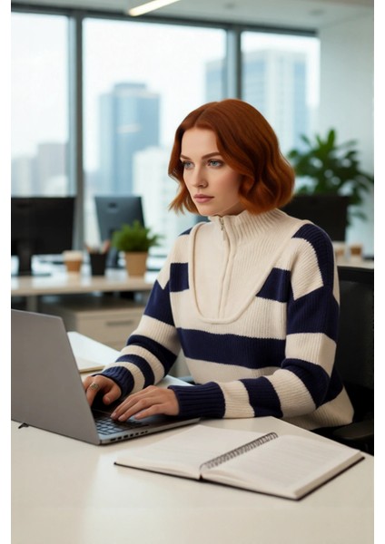 Kadın Oversize Dik Yaka Fermuarlı Çizgili Kalın Triko Kazak Kış Günleri Için Konforlu Stil fırsatları