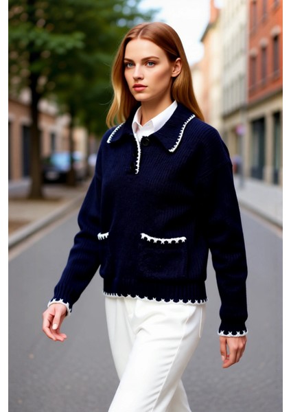 Lacivert Kadın Triko Kazak Düşük Kol Oversize Kalıp Polo Yaka Soğuk Havalar Için Mükemmel Seçim modelleri