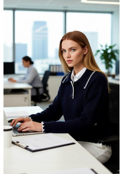 Lacivert Kadın Triko Kazak Düşük Kol Oversize Kalıp Polo Yaka Soğuk Havalar Için Mükemmel Seçim fırsatları