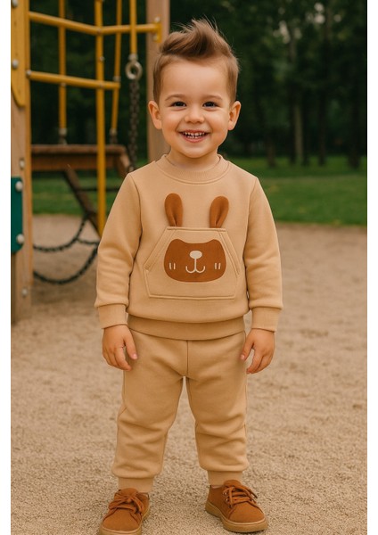 Erkek Çocuk Kışlık Eşofman Takımı Kulaklı Tavşan Desenli Sweatshirt Alt Pamuklu Üç Iplik Şardonlu Günlük Kombin 1-2-3-4 Yaş