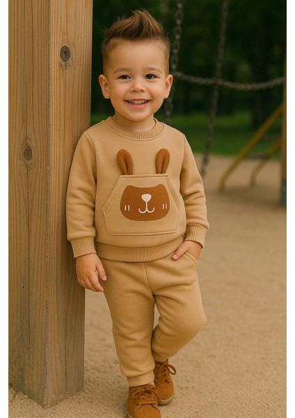 Erkek Çocuk Kışlık Eşofman Takımı Kulaklı Tavşan Desenli Sweatshirt Alt Pamuklu Üç Iplik Şardonlu Günlük Kombin 1-2-3-4 Yaş fırsatları