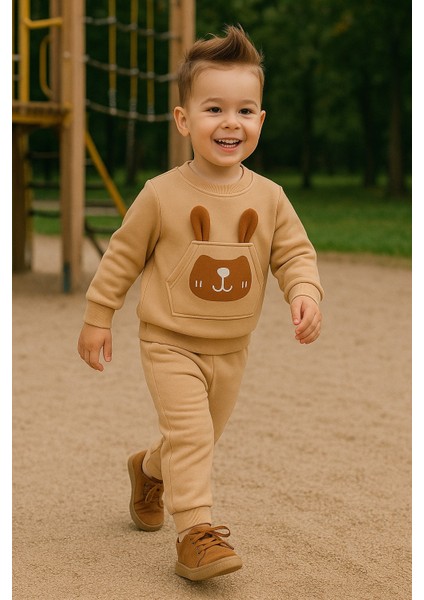 Erkek Çocuk Kışlık Eşofman Takımı Kulaklı Tavşan Desenli Sweatshirt Alt Pamuklu Üç Iplik Şardonlu Günlük Kombin 1-2-3-4 Yaş indirimleri