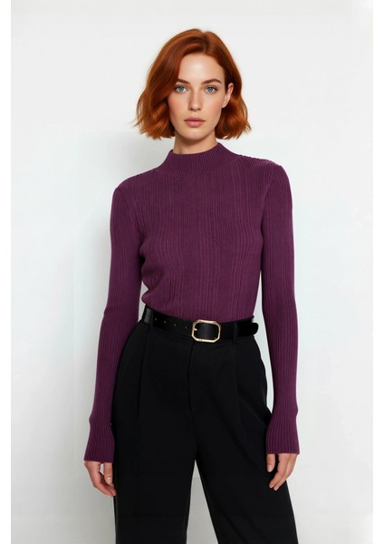 Kadın Fitted Dik Yaka Fitilli Uzun Kollu Triko Kazak Günlük Basic Siluet Kış Sonbahar Konforu