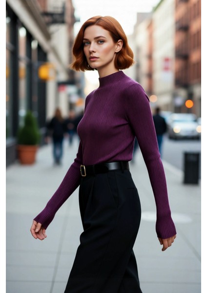 Kadın Fitted Dik Yaka Fitilli Uzun Kollu Triko Kazak Günlük Basic Siluet Kış Sonbahar Konforu modelleri