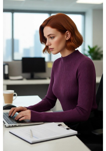 Kadın Fitted Dik Yaka Fitilli Uzun Kollu Triko Kazak Günlük Basic Siluet Kış Sonbahar Konforu fırsatları