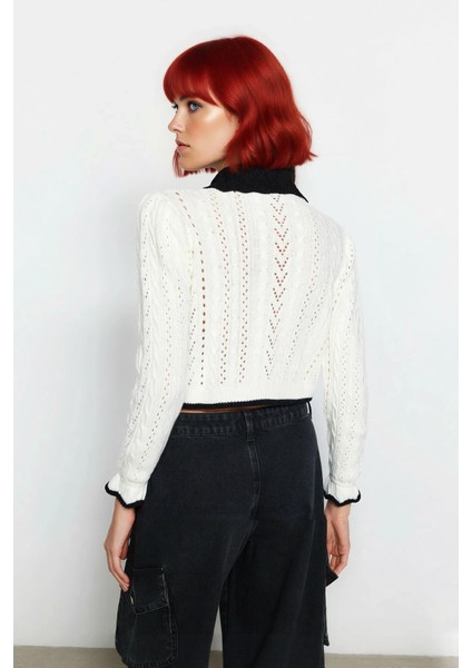 Kadın Ekru Akrilik Ajurlu Triko Kazak Polo Yakalı Fiyonk Detaylı Crop Boy Modern Stil Kaliteli fiyatları