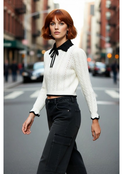 Kadın Ekru Akrilik Ajurlu Triko Kazak Polo Yakalı Fiyonk Detaylı Crop Boy Modern Stil Kaliteli modelleri