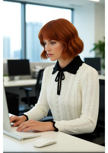 Kadın Ekru Akrilik Ajurlu Triko Kazak Polo Yakalı Fiyonk Detaylı Crop Boy Modern Stil Kaliteli fırsatları