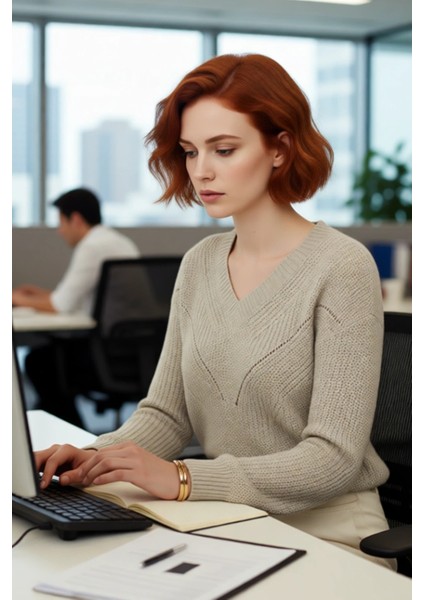 Kadın Regular Kalıp Akrilik Triko Kazak Ajurlu V Yaka Düşük Kol Kış Mevsimi Için Ideal Şıklık. fırsatları