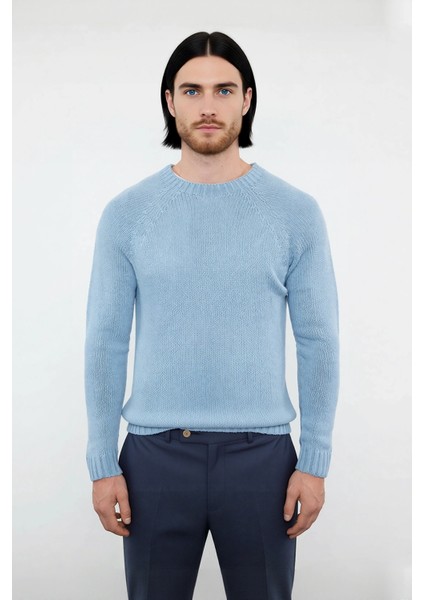 Erkek Mavi Fitted Akrilik Bisiklet Yaka Reglan Kol Basic Triko Kazak Günlük Şıklık Konforu