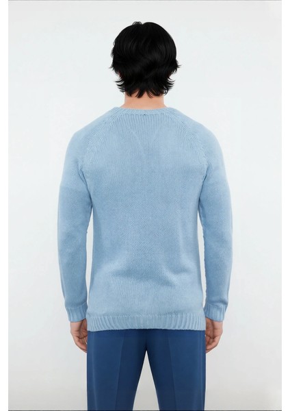 Erkek Mavi Fitted Akrilik Bisiklet Yaka Reglan Kol Basic Triko Kazak Günlük Şıklık Konforu fiyatları