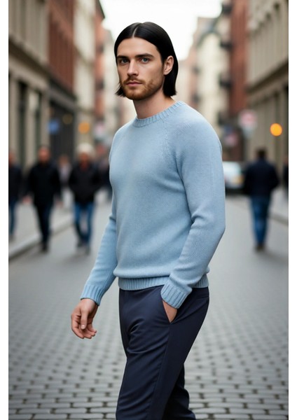 Erkek Mavi Fitted Akrilik Bisiklet Yaka Reglan Kol Basic Triko Kazak Günlük Şıklık Konforu modelleri