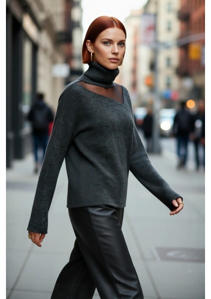 Kadın Basic Siluet Triko Kazak Düşük Kol Choker Yaka Tül Detaylı Kış Stiline Modern Dokunuş modelleri