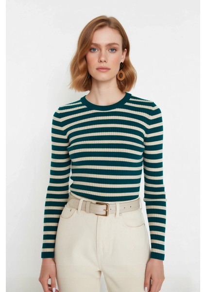 Kadın Çizgili Triko Fitted Uzun Kol Bisiklet Yaka Akrilik Basic Casual Günlük Kazak Kaliteli