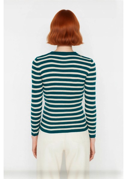 Kadın Çizgili Triko Fitted Uzun Kol Bisiklet Yaka Akrilik Basic Casual Günlük Kazak Kaliteli fiyatları