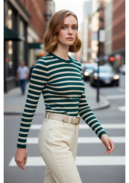 Kadın Çizgili Triko Fitted Uzun Kol Bisiklet Yaka Akrilik Basic Casual Günlük Kazak Kaliteli modelleri