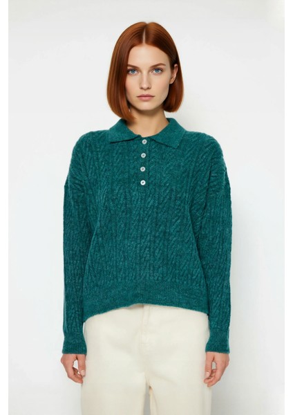 Kadın Oversize Triko Polo Yaka Saç Örgü Düşük Kollu Rahat Kışlık Basic Stil Kazak Kaliteli