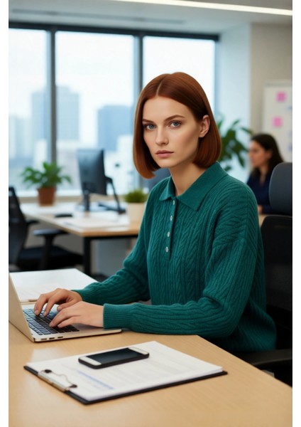 Kadın Oversize Triko Polo Yaka Saç Örgü Düşük Kollu Rahat Kışlık Basic Stil Kazak Kaliteli fırsatları