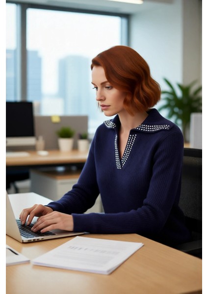 Kadın Orta Kalınlıkta Basic Devrik Yakalı Taşlı Triko Kazak Günlük Kullanım Için Ideal Seçim