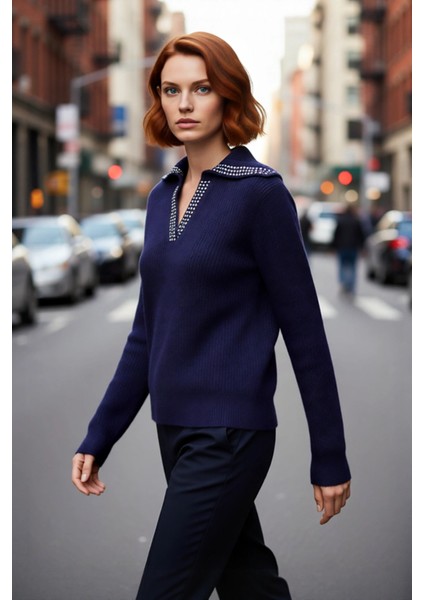 Kadın Orta Kalınlıkta Basic Devrik Yakalı Taşlı Triko Kazak Günlük Kullanım Için Ideal Seçim fırsatları