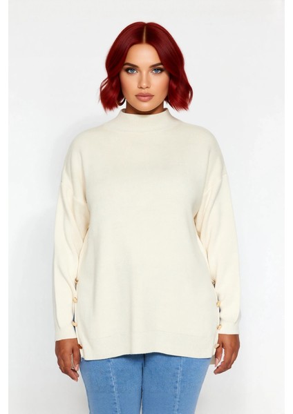 Kadın Basic Relaxed Kalıp Triko Kazak Balıkçı Yaka Düğme Detaylı Uzun Boy Konforlu Kış Kombinleri fiyatları