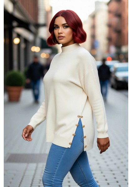 Kadın Basic Relaxed Kalıp Triko Kazak Balıkçı Yaka Düğme Detaylı Uzun Boy Konforlu Kış Kombinleri fırsatları