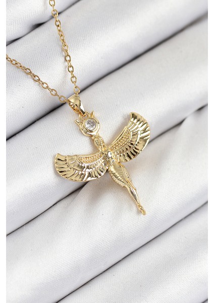 316L Çelik Zirkon Taşlı Melek Model Gold Renk Kadın Kolye - Lisinya