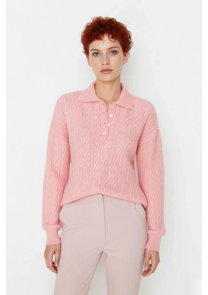 Kadın Oversize Triko Polo Yaka Saç Örgü Düşük Kollu Rahat Kışlık Basic Stil Kazak Kaliteli