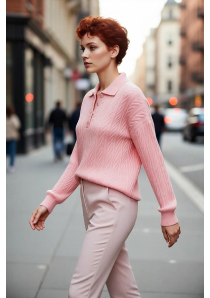 Kadın Oversize Triko Polo Yaka Saç Örgü Düşük Kollu Rahat Kışlık Basic Stil Kazak Kaliteli modelleri